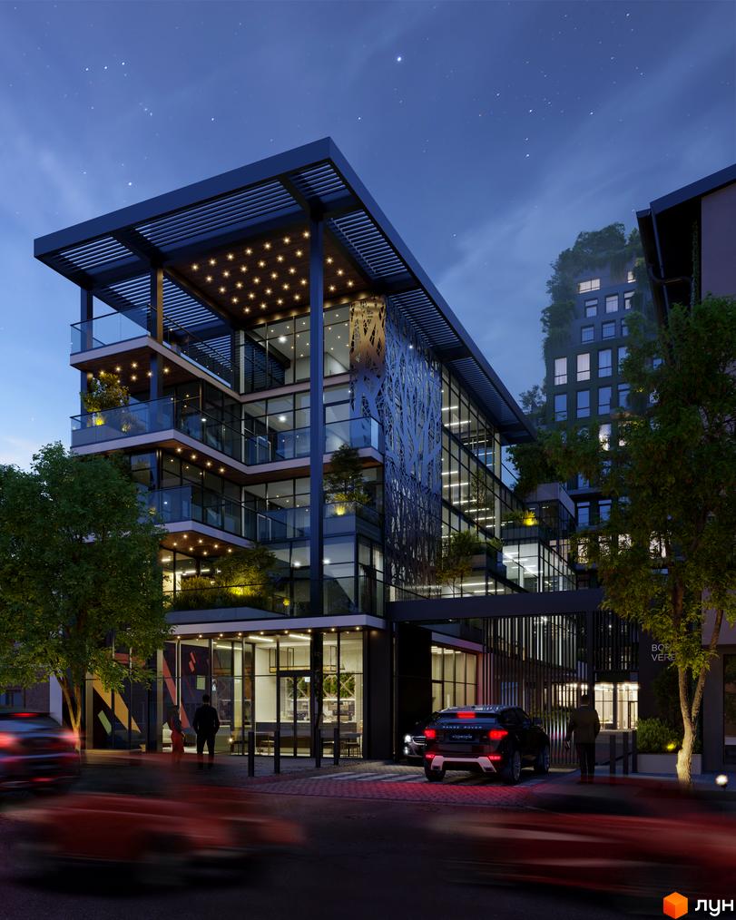 Багатоповерхова будівля ЖК BORGO VERDE з панорамним склінням та терасами, вхідна група з освітленням. На прибудинковій території припарковані автомобілі.