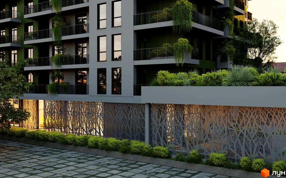 Зовнішній вигляд будинку ЖК BORGO VERDE з великими вікнами та балконами, прикрашеними рослинами. На території перед будинком розташовані зелені насадження та декоративні елементи.