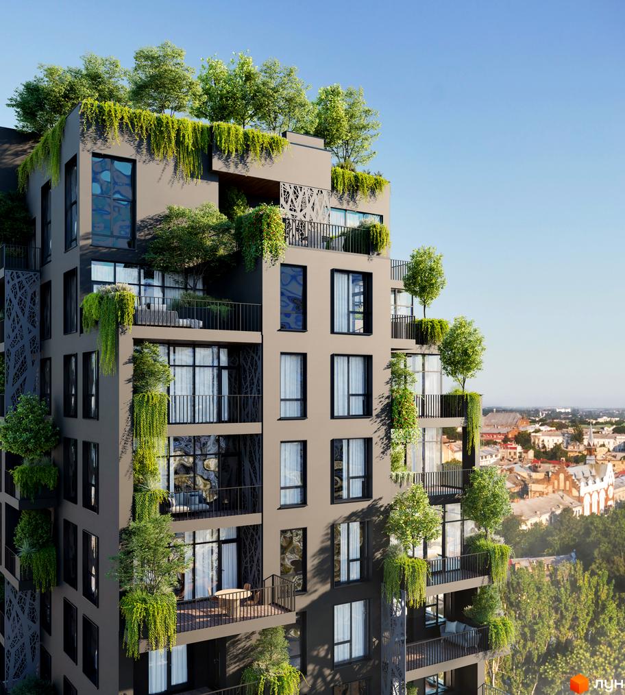 Багатоповерхова будівля з балконами та озелененням на фасаді. ЖК BORGO VERDE з великою кількістю рослин, що додають природності.