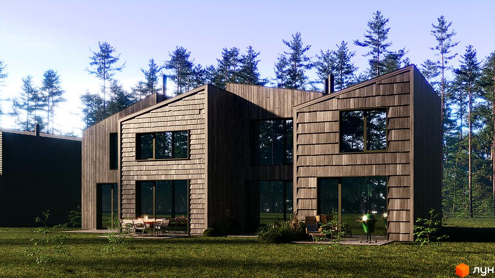 Дерев'яні будинки в котеджному містечку Shelest Hutir з великими вікнами та терасами, розташовані серед зелені та дерев.