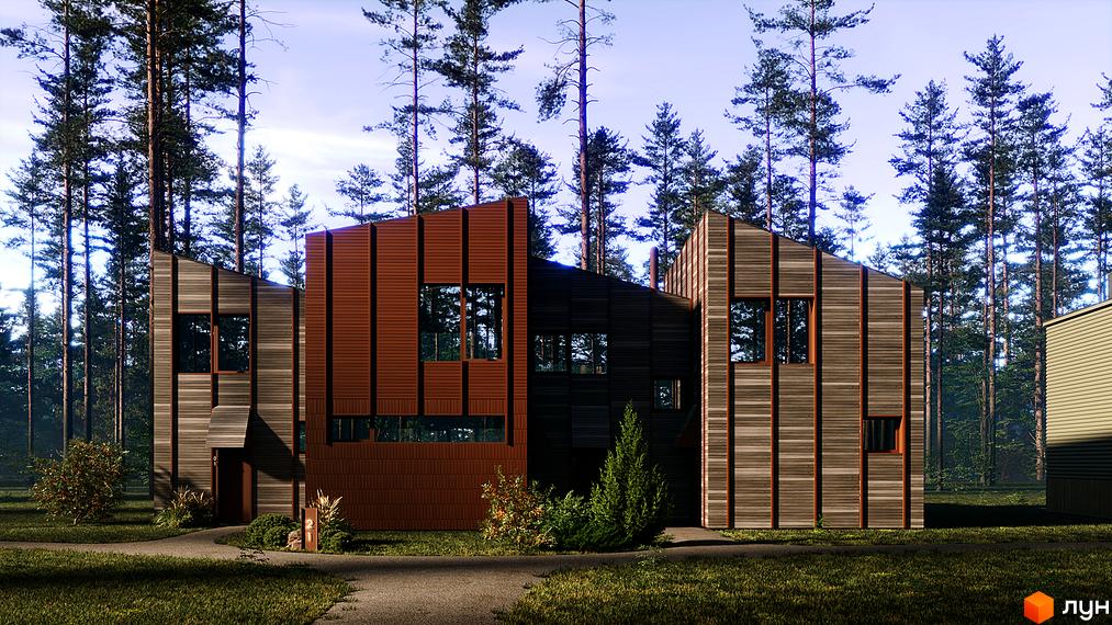 Будинки в Котеджному комплексі Shelest Hutir з дерев'яним оздобленням фасадів, великими вікнами та доглянутою прибудинковою територією з газоном та деревами.