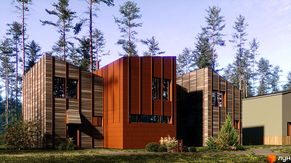 Будинки Shelest Hutir з дерев'яним оздобленням фасаду серед сосен. На території є зелені насадження та доріжки.