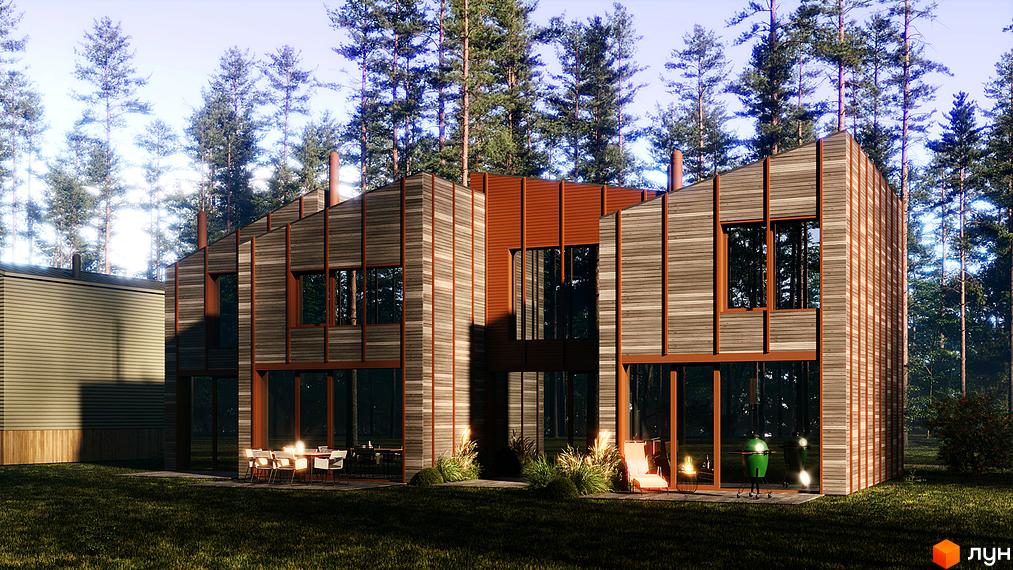 Таунхауси Shelest Hutir з дерев'яним фасадом та панорамними вікнами, розташовані серед соснового лісу з зоною для відпочинку на терасі.