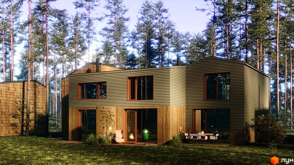 Таунхауси Shelest Hutir в оточенні лісу, з дерев'яним оздобленням фасаду та великими вікнами. Прибудинкова територія з зеленою галявиною та місцем для відпочинку.