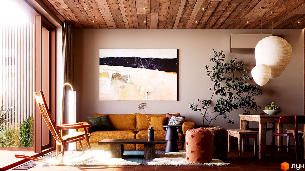 Інтер'єр вітальні в таунхаусах Shelest Hutir з каміном, диваном та дерев'яною підлогою. Затишна атмосфера для відпочинку та сімейного дозвілля.