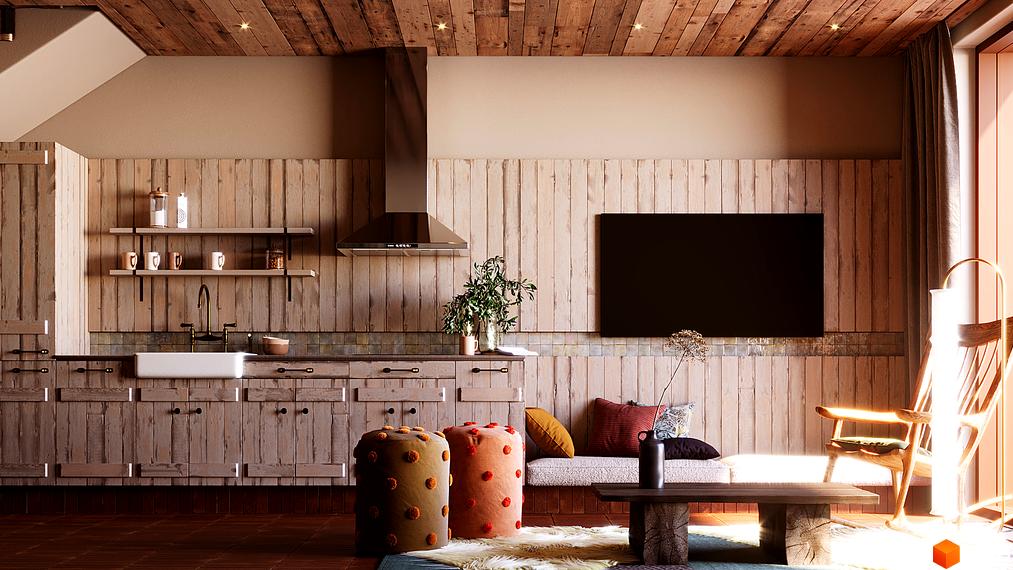 Інтер'єр кухні-вітальні в стилі кантрі з дерев'яними елементами та каміном. Затишна атмосфера для відпочинку та сімейного дозвілля.