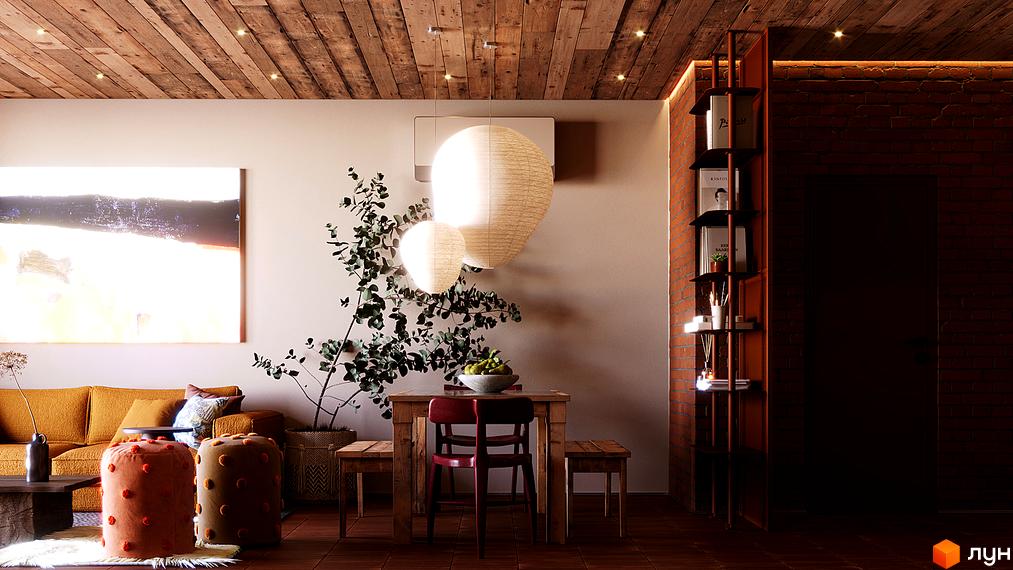 Інтер'єр квартири з дерев'яною стелею, диваном, столом та декоративними світильниками. На стіні картина, поруч рослини та книжкові полиці.