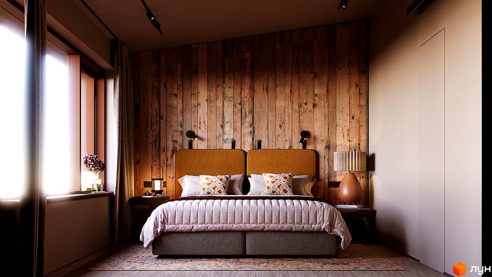 Затишна спальня в таунхаусі Shelest Hutir з дерев'яною стіною та двоспальним ліжком. Візуалізація інтер'єру.