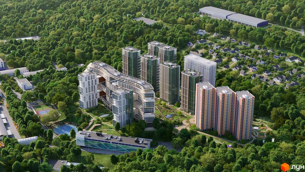 Житловий комплекс Central Hills: багатоповерхові будинки з унікальною архітектурою та зеленою прибудинковою територією з озером та спортивними майданчиками.