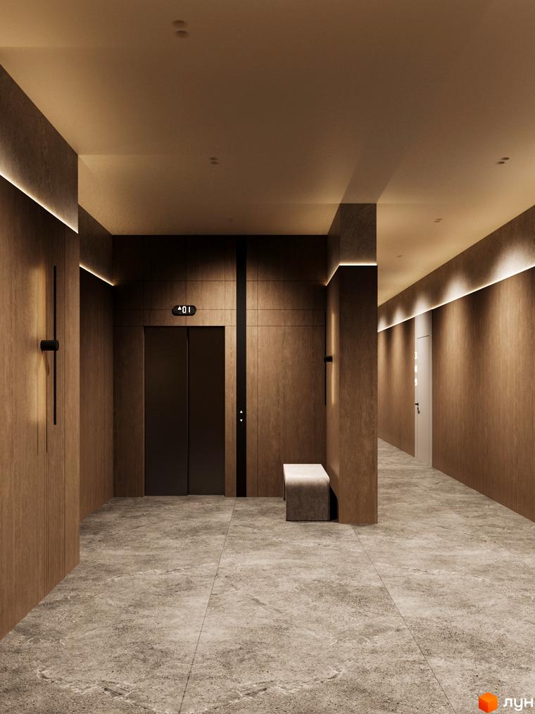 Сучасний дизайн холу житлового комплексу Central Hills з дерев'яними панелями та підсвіткою. Елегантний інтер'єр з ліфтом та зоною відпочинку.