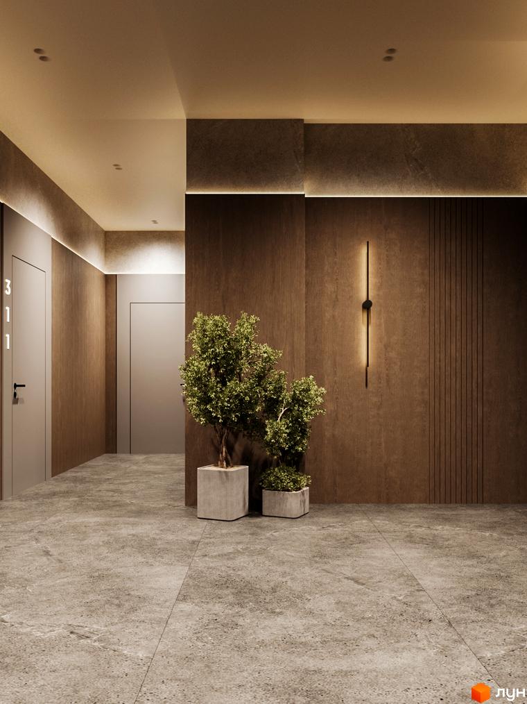 Сучасний хол житлового комплексу Central Hills з дверима та рослинами в горщиках. Стильний дизайн інтер'єру з підсвіткою та оздобленням стін під дерево.
