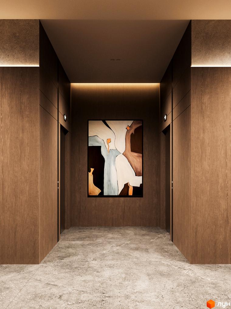 Сучасний дизайн коридору ЖК Central Hills з дерев'яними панелями та абстрактною картиною. Стильне освітлення створює затишну атмосферу.