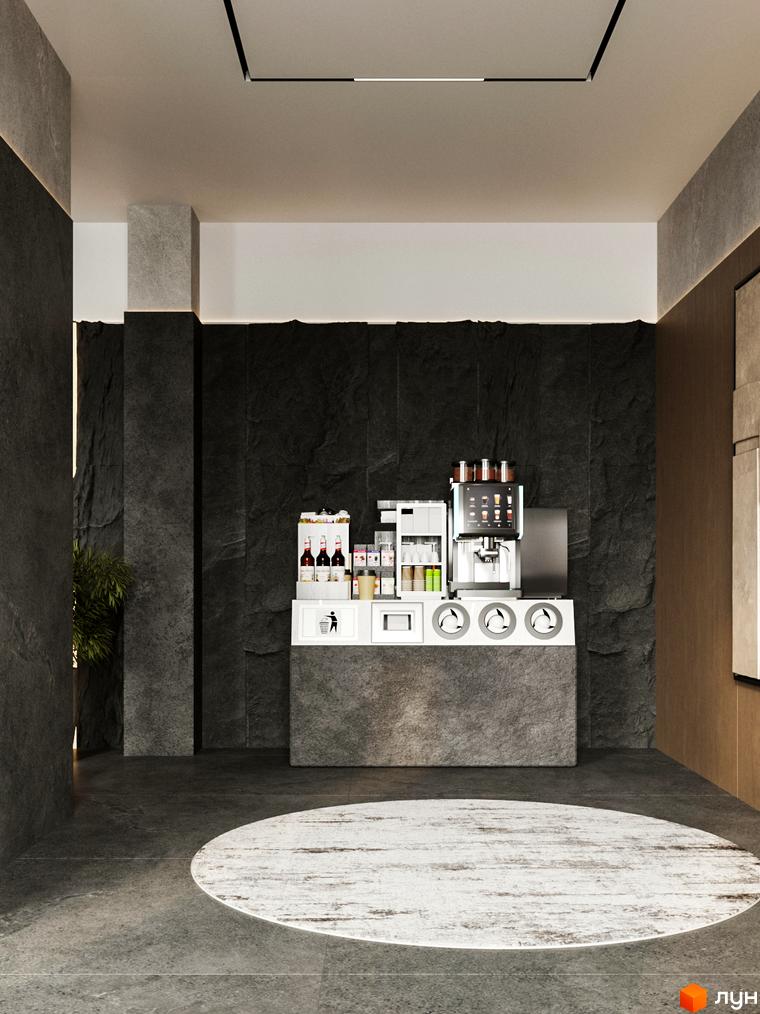 Сучасна зона відпочинку з кавомашиною та місцями для сидіння у житловому комплексі Central Hills. Просторий хол з елементами натурального каменю та освітленням.