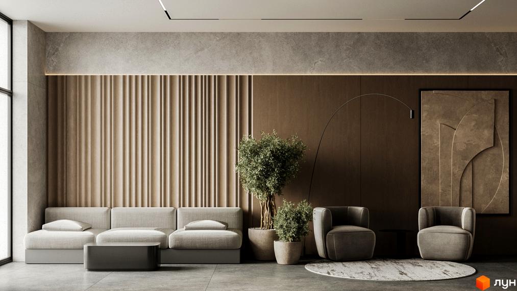 Сучасний інтер'єр вітальні ЖК Central Hills з диваном, кріслами та рослинами. Простора вітальня з дизайнерським оздобленням та освітленням.