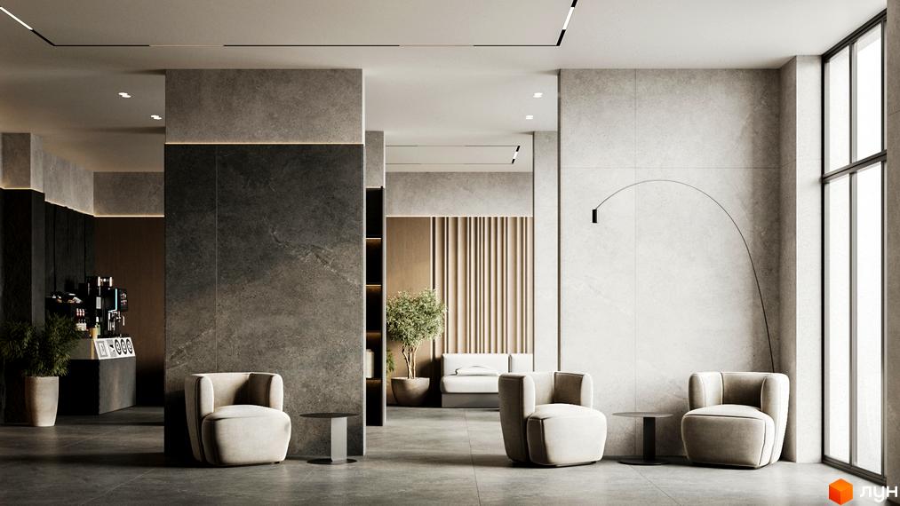 Інтер'єр зони відпочинку в ЖК Central Hills з м'якими кріслами та кавовим столиком. Сучасний дизайн простору з акцентом на сірі тони та натуральні матеріали.