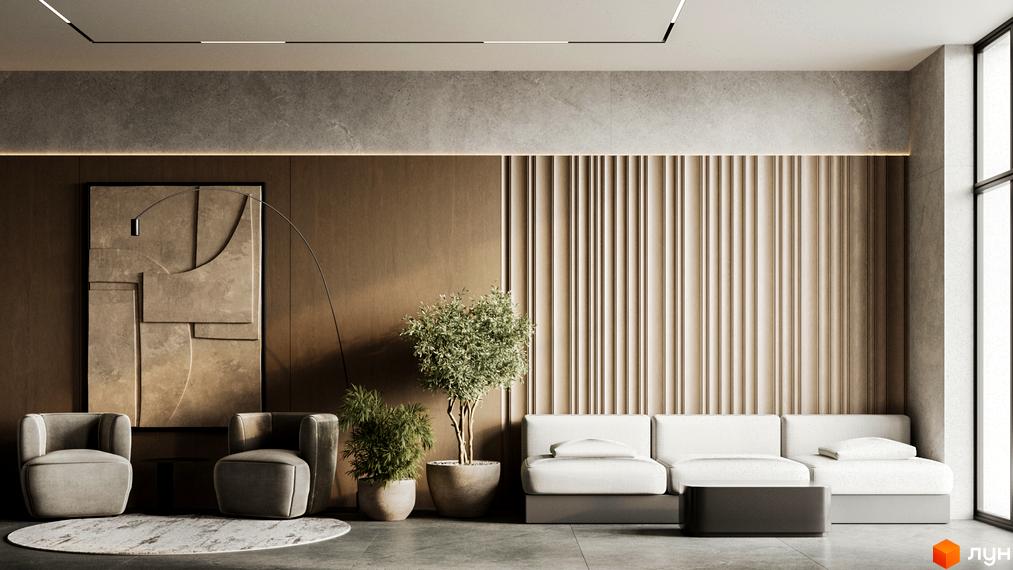 Інтер'єр вітальні в ЖК Central Hills з диваном, кріслами та арт-об'єктом на стіні.