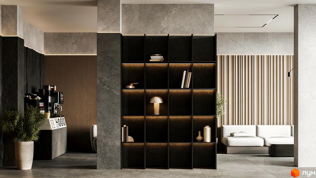 Інтер'єр ЖК Central Hills з кавовим куточком та книжковою шафою. Сучасний дизайн та функціональне планування.