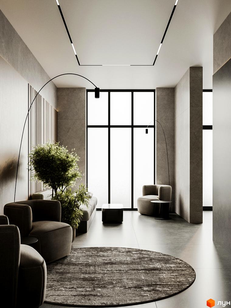 Сучасний дизайн інтер'єру вітальні в ЖК Central Hills з комфортними кріслами, диваном та круглим килимом.