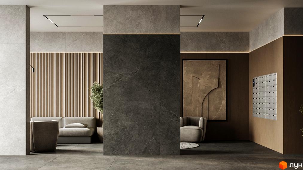 Сучасний інтер'єр лобі житлового комплексу Central Hills з диванами, деревом та поштовими скриньками. Дизайн новобудови.