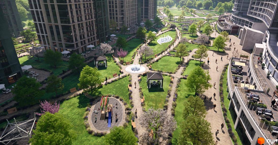 Житловий комплекс Central Hills з багатоповерховими будинками та доглянутою прибудинковою територією з фонтанами та зонами відпочинку.