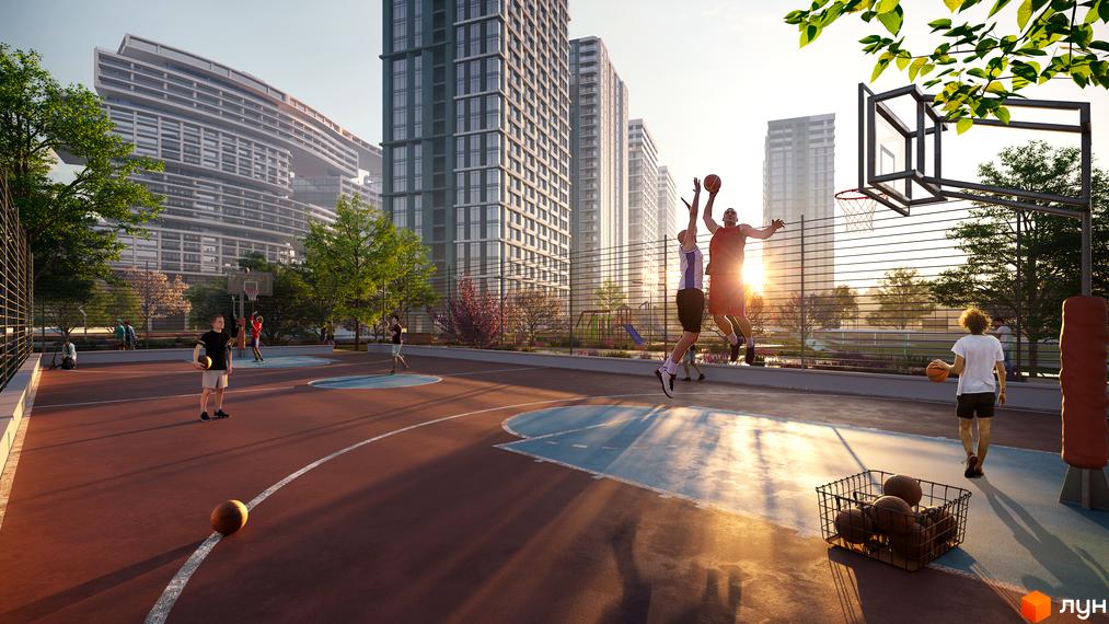Житловий комплекс Central Hills з баскетбольним майданчиком та відпочинковою зоною. Сучасна архітектура будівель та зелена прибудинкова територія для активного відпочинку.