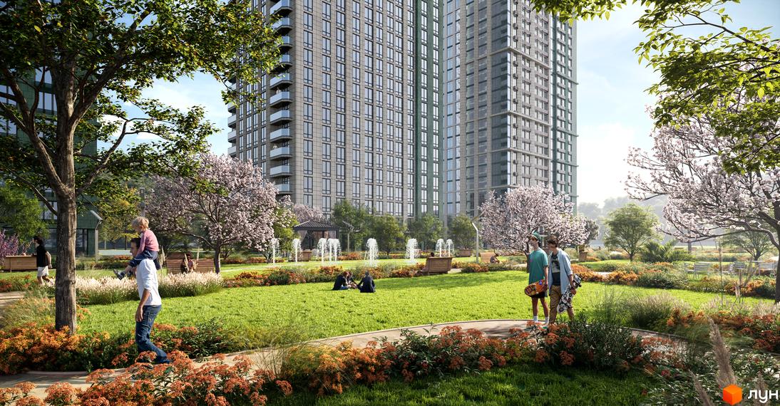 Житловий комплекс Central Hills: висотні будинки з балконами та доглянута прибудинкова територія з фонтанами та зонами відпочинку.