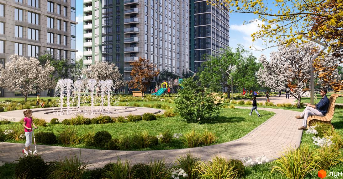 Житловий комплекс Central Hills із зеленим ландшафтом, дитячим майданчиком та фонтаном. Насолоджуйтесь відпочинком біля води та на дитячих гірках.