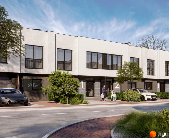 Зображення сторінки житлового комплексу Таунхауси „Мальви 2“. Білі будинки з великими вікнами, перед будинками тротуар, газон та дерева.