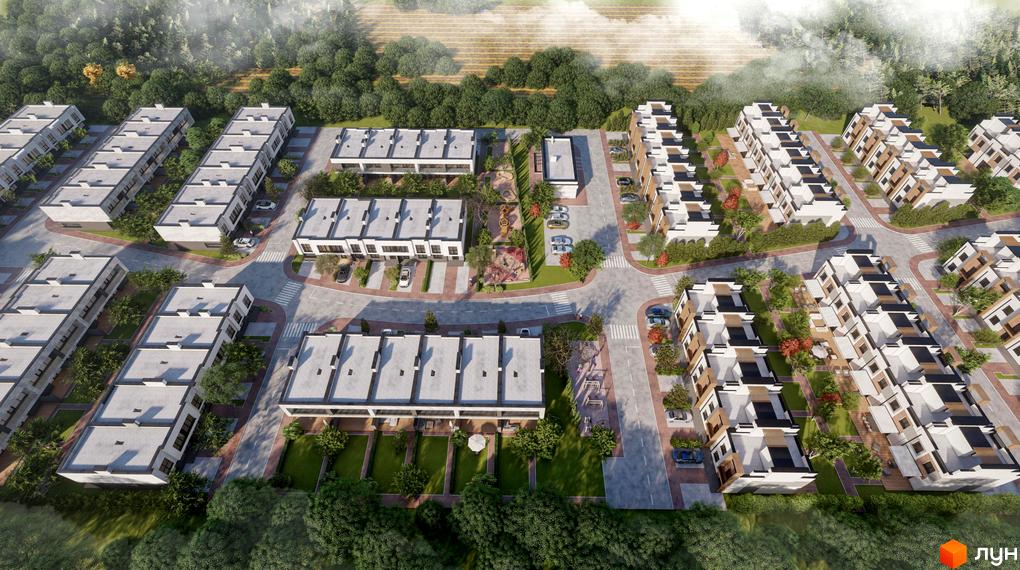 Вид на таунхауси «Мальви 2». Малоповерхова забудова з білими фасадами. На території комплексу є парковка, дитячий майданчик та зелені насадження.