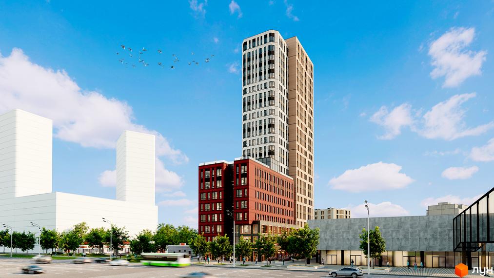 Висотна будівля БФК Industrial з фасадом у світлих та темних тонах, поруч розташовані інші будівлі та зелені насадження, хмарне небо.