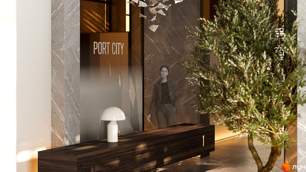 Апарт-комплекс Port City з елегантною рецепцією та зеленою зоною. Сучасний дизайн інтер'єру створює затишну атмосферу.