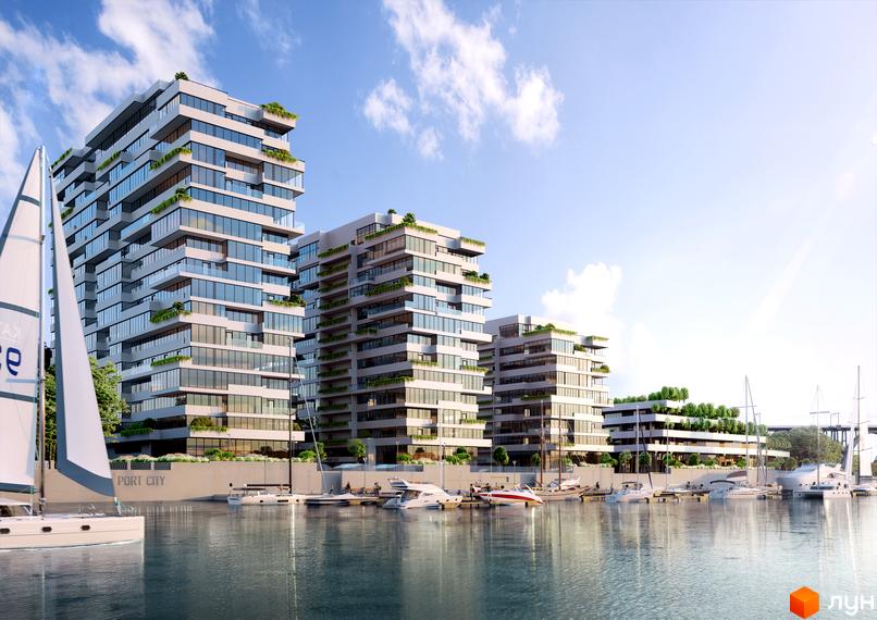 Апарт-комплекс Port City з терасами та зеленню, розташований на набережній біля яхт та човнів.