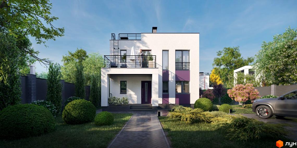 Котеджне містечко КМ Country Love. Фасад будинку з балконом та терасою, зелений двір з доглянутими кущами та доріжкою.
