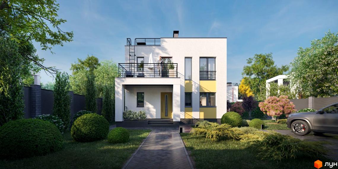 Котеджне містечко КМ Country Love: двоповерховий будинок з балконом та терасою, зелений доглянутий двір з кущами та деревами.