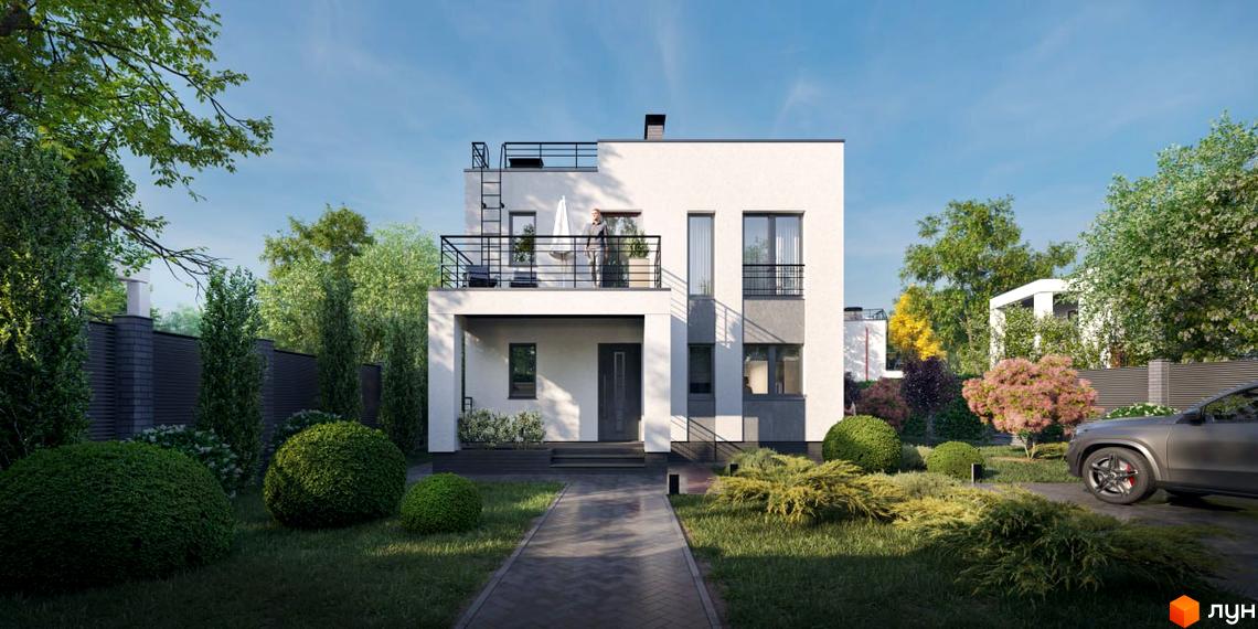 Котеджне містечко КМ Country Love: двоповерховий будинок білого кольору з балконом та терасою, доглянута прибудинкова територія з кущами та деревами.