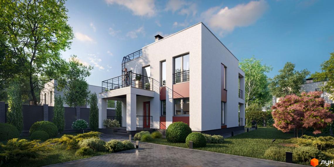 Котеджне містечко КМ Country Love. Зовнішній вигляд двоповерхового будинку з балконом та прибудинкова територія з зеленими насадженнями та доріжкою.