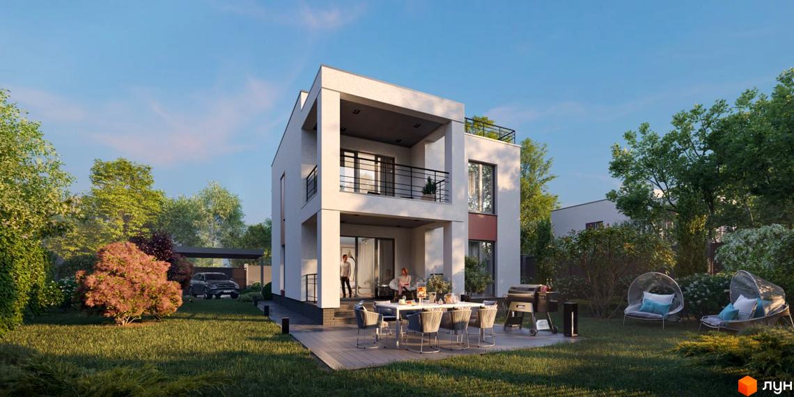 Котеджне містечко КМ Country Love. Двоповерховий будинок з балконом та терасою, облаштований двір з зоною відпочинку та автомобілем під навісом.