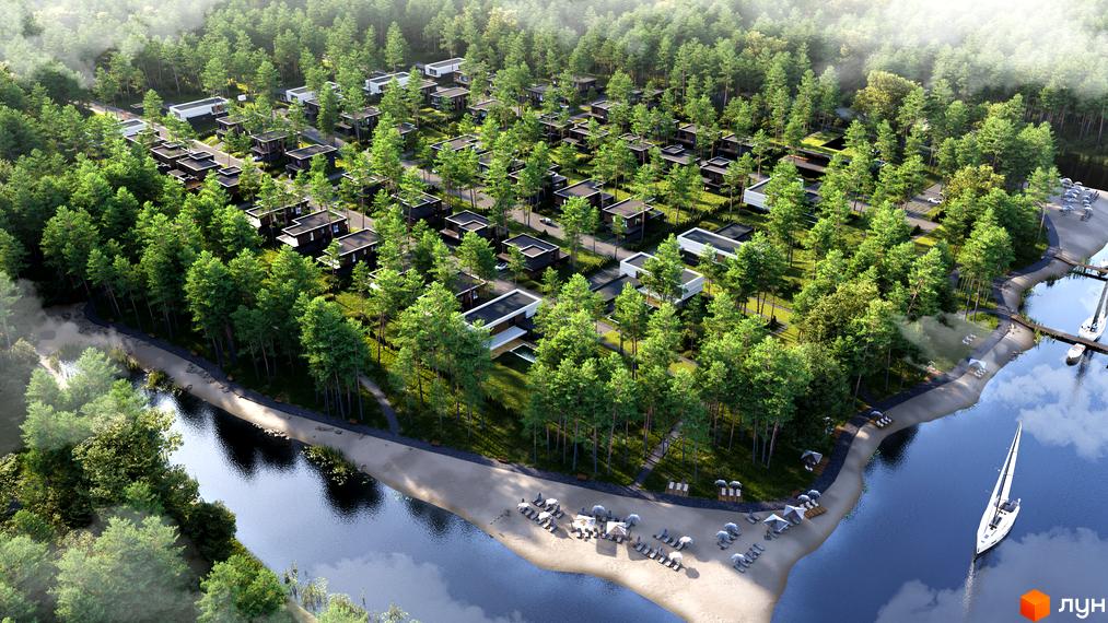 Котеджне містечко КМ SHEPIT VILLAS з сучасними будинками серед соснового лісу та виходом до води. На території облаштована зона відпочинку на березі.