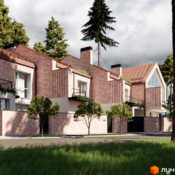 Зовнішній вигляд таунхаусів Hygge Life з цегляним фасадом та зеленими насадженнями. Затишна прибудинкова територія з травою та деревами.