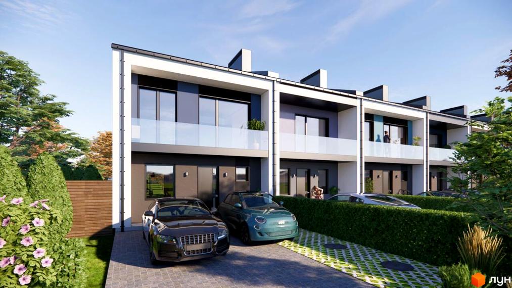 Таунхауси Садовий: триповерхові будинки з балконами та панорамними вікнами, парковка з електромобілями та зелені насадження.