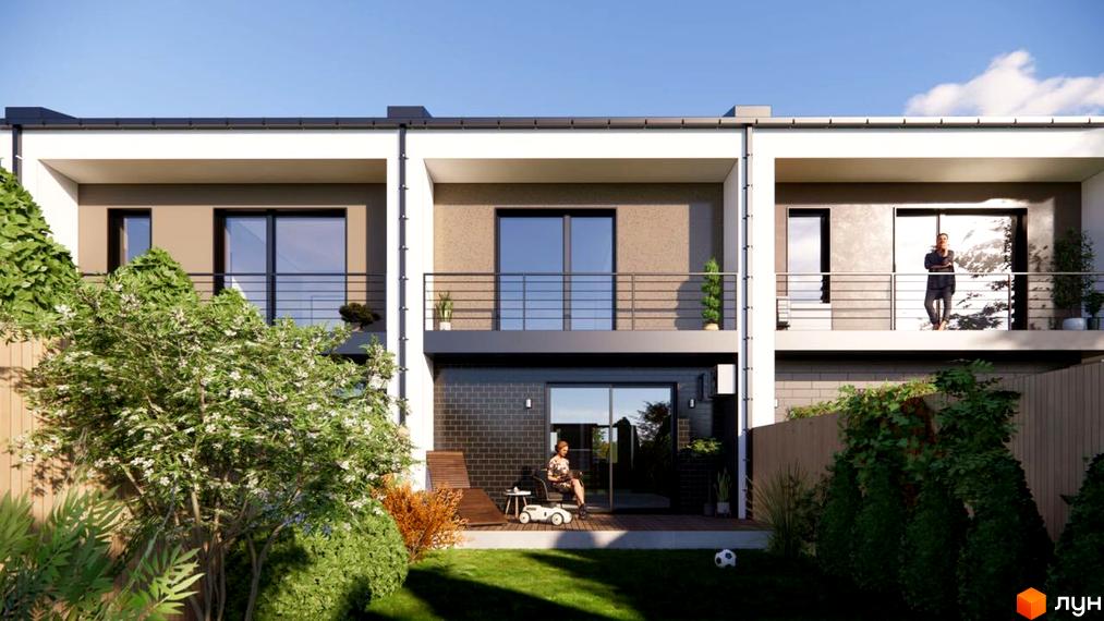 Зображення сторінки житлового комплексу Таунхауси „Садовий“. На фото зображено ряд таунхаусів з балконами та терасами, перед будинками газон та зелені насадження.