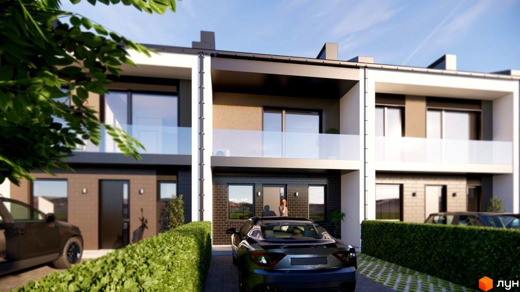 Зображення таунхаусів в ЖК „Садовий“ з фасадами світлих відтінків, скляними балконами та доглянутою прибудинковою територією з зеленими насадженнями.