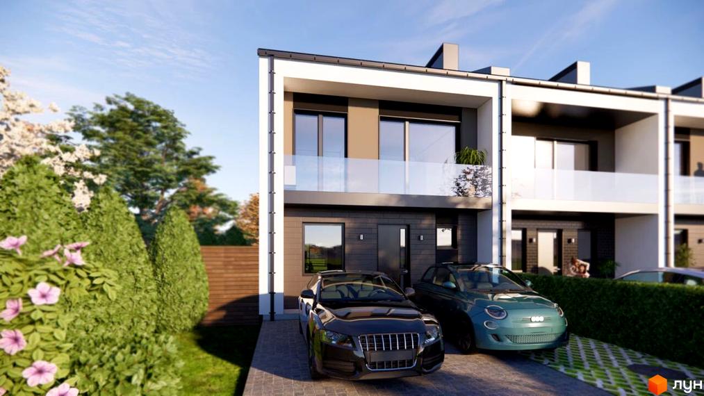 Зображення фасаду таунхауса в житловому комплексі „Садовий“ з парковкою для авто та зеленими насадженнями на прибудинковій території.