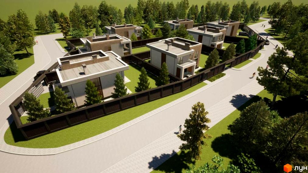 Котеджне містечко КМ Country Love. Сучасні двоповерхові будинки з пласкими дахами та великими вікнами, розташовані на доглянутій зеленій території з доріжками та деревами.