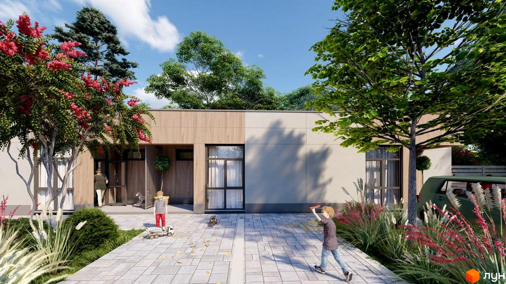 Зображення фасаду будинку КМ Nevi з великими вікнами, оздобленого деревом. На подвір'ї діти граються з іграшками, навколо будинку зелені насадження.