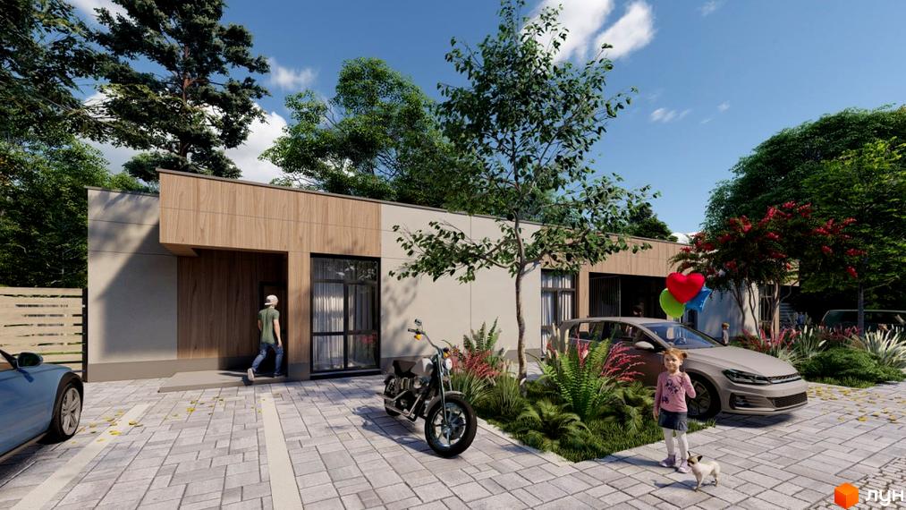 Котеджне містечко Nevi: одноповерхова будівля з дерев'яними елементами фасаду та прибудинкова територія з автомобілем, мотоциклом та зеленню.