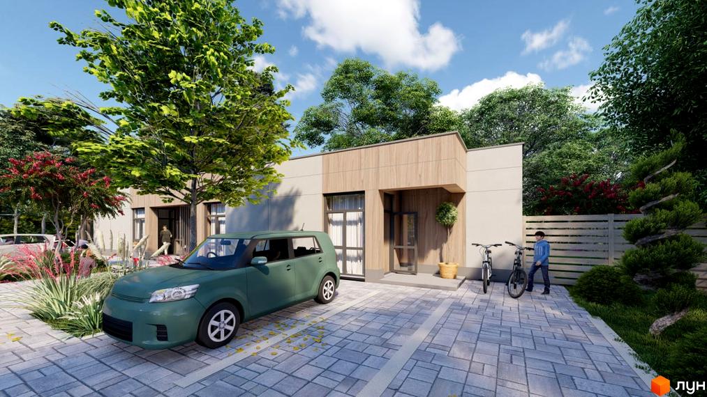Котеджне містечко КМ Nevi. Сучасний одноповерховий будинок з дерев'яним фасадом та прибудинковою територією з парковкою, велосипедами та зеленими насадженнями.