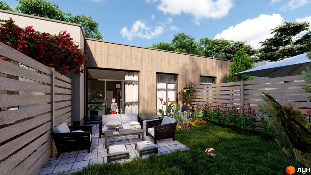 Котеджне містечко Nevi: сучасна одноповерхова будівля з дерев'яним фасадом та затишною прибудинковою територією з зоною відпочинку та зеленню.