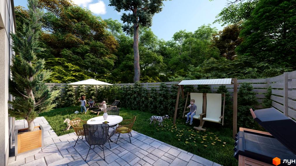 КМ Nevi: затишний двір з дитячим майданчиком, гойдалкою та зоною для барбекю. Зелена територія та сучасний дизайн створюють ідеальне місце для відпочинку.