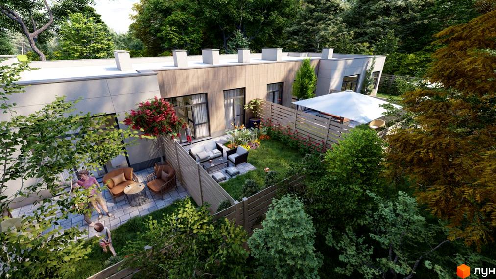 Котеджне містечко Nevi: двоповерхові будинки з пласкими дахами та великими вікнами, приватні дворики з зонами відпочинку та зеленню.